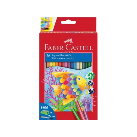 Creioane colorate hexagonale acuarelă + pensulă Faber-Castell 36 culori/set