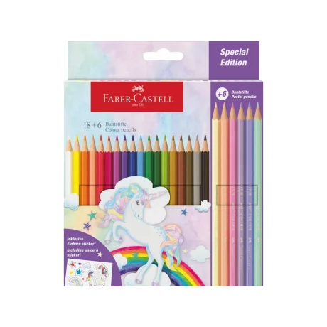 Creioane colorate hexagonale unicorni Faber-Castell 18 + 6 culori /set