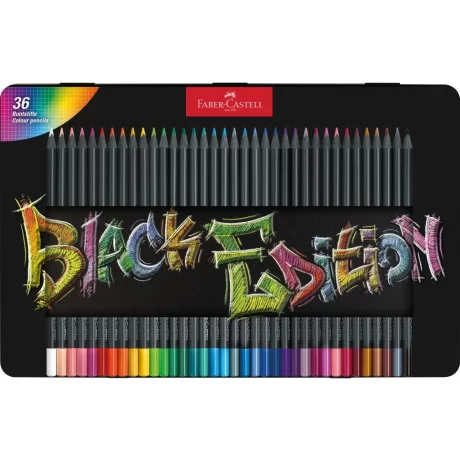 Creioane colorate triunghiulare black edition cutie metal Faber-Castell 36 culori/set