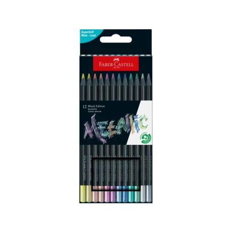 Creioane colorate triunghiulare black edition metalizate Faber-Castell 12 culori/set