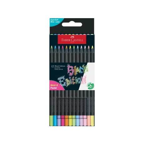 Creioane colorate triunghiulare black edition pastel + neon Faber-Castell 12 culori/set