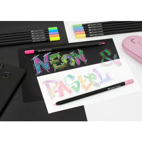 Creioane colorate triunghiulare black edition pastel + neon Faber-Castell 12 culori/set