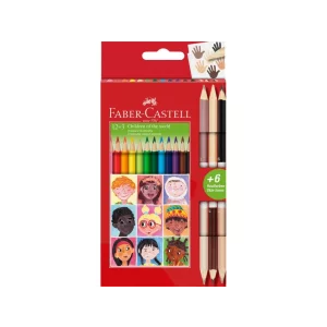 Creioane colorate triunghiulare și bicolore piele Children of the World Faber-Castell 12 + 3 culori/set