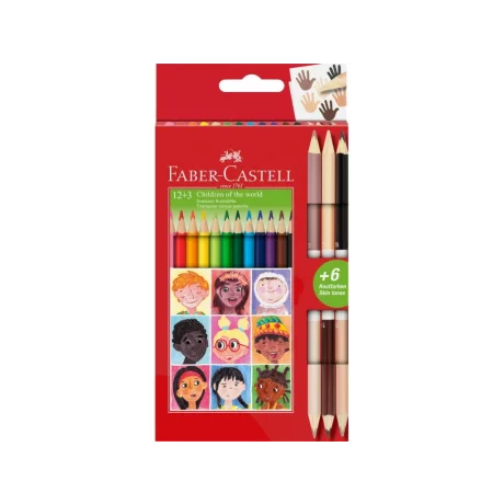 Creioane colorate triunghiulare și bicolore piele Children of the World Faber-Castell 12 + 3 culori/set