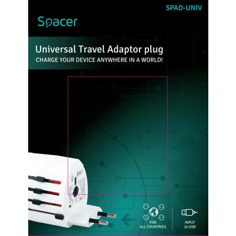 ADAPTOR universal SPACER, Schuko x 1, conectare Socket Universal (T), USB x 2,   10 A, alb, &quot;SPAD-UNIV&quot;/45505994