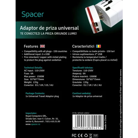 ADAPTOR universal SPACER, Schuko x 1, conectare Socket Universal (T), USB x 2,   10 A, alb, &quot;SPAD-UNIV&quot;/45505994