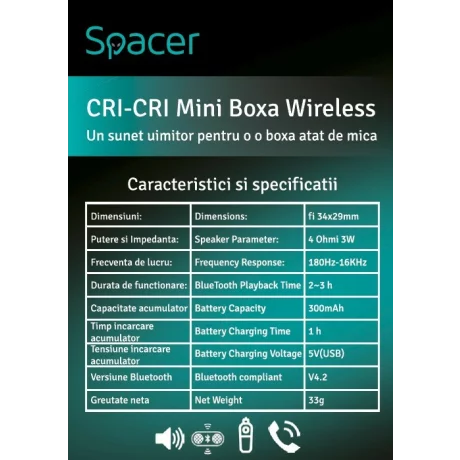 BOXA SPACER portabila bluetooth, Cri-Cri-BK, RMS:  3W, control volum, acumulator 300mAh, timp de functionare pana la 2 ore, distanta de functionare pana la 10m, incarcare USB, BLACK, &quot;SPB-Cri-Cri-BK&quot;  (include TV 0.15 lei)