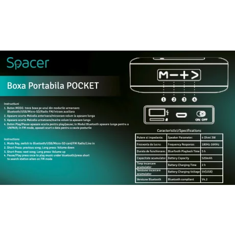 Boxa portabila SPACER negru SPB-POCKET-BK