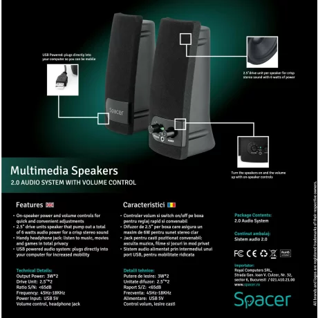 BOXE SPACER 2.0, RMS:  6W (2 x 3W), control volum, mufa casti, USB power, black, &quot;SPB-216&quot; (include TV 0.75 lei) /43501556