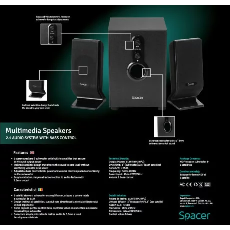 BOXE SPACER 2.1, RMS: 11W (2 x 3W + 5W), control volum, bass, 220V alimentare, black, &quot;SPB-2200&quot; (include TV 3 lei)  261900