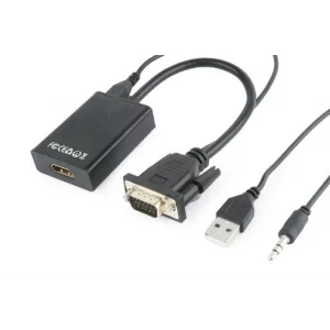 CABLU video GEMBIRD, adaptor VGA (T) + Jack 3.5mm (T) la HDMI (M), 15cm,  negru,  A-VGA-HDMI-01