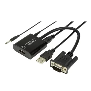 CABLU video LOGILINK, adaptor VGA (T) + Jack 3.5mm (T) la HDMI (M), 15cm, rezolutie maxima Full HD (1920 x 1080) la 60Hz, conecteaza placa video cu VGA la monitor HDMI, cablu power USB, negru, &quot;CV0060&quot;