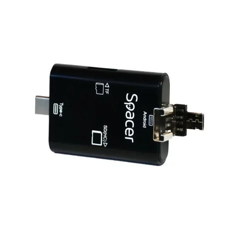 CARD READER extern SPACER, 3 in 1, interfata USB 2.0, USB Type C, Micro-USB, citeste/scrie: SD, micro SD; adaptor USB Type C la USB sau Micro-USB; plastic, negru, &quot;SPCR-309&quot;