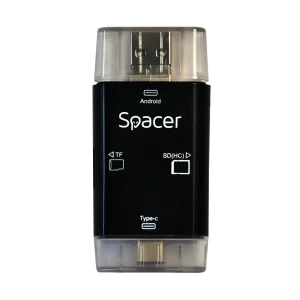 CARD READER extern SPACER, 3 in 1, interfata USB 2.0, USB Type C, Micro-USB, citeste/scrie: SD, micro SD; adaptor USB Type C la USB sau Micro-USB; plastic, negru, &quot;SPCR-309&quot;