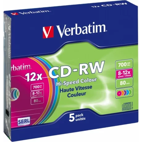 CD-RW VERBATIM  700MB, 80min, viteza 8-12x,   5 buc, carcasa, &quot;Colour 12x&quot; &quot;43167/261910&quot;