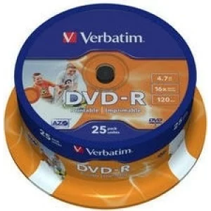 DVD-R VERBATIM  4.7GB, 120min, viteza 16x, 25 buc, Single Layer, spindle, printabil, &quot;Wide Inkjet Printable&quot; &quot;43538&quot;