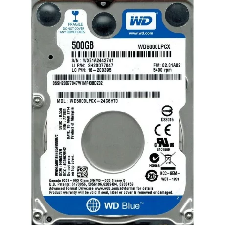 HDD notebook  WD 500 GB, Blue, 5400 rpm, buffer 16 MB, 6 Gb/s, S-ATA 3, &quot;WD5000LPCX&quot;