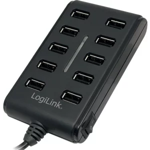 HUB extern LOGILINK, porturi USB: USB 2.0 x 10, conectare prin USB 2.0, alimentare retea 220 V, cablu 0.6 m, negru, UA0125