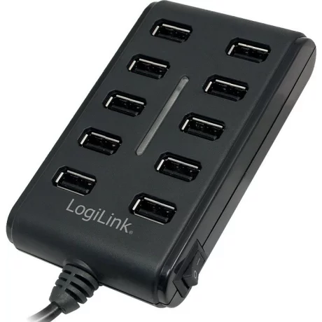 HUB extern LOGILINK, porturi USB: USB 2.0 x 10, conectare prin USB 2.0, alimentare retea 220 V, cablu 0.6 m, negru, UA0125