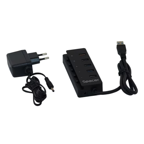 HUB extern SPACER, Port USB Quick Charge x 1 Alimentare retea 220V,negru, SPH-4USB30-1QC