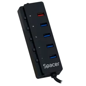 HUB extern SPACER, Port USB Quick Charge x 1 Alimentare retea 220V,negru, SPH-4USB30-1QC