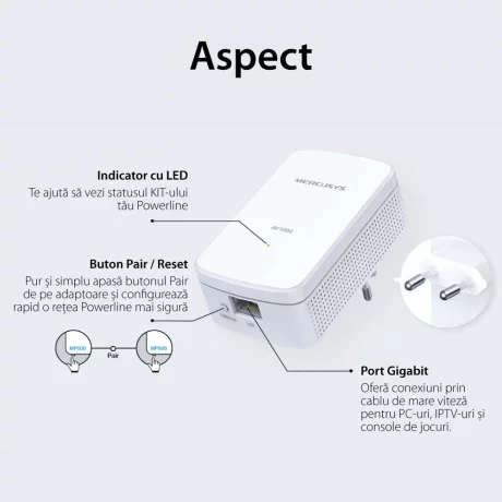 KIT ADAPTOR si AMPLIFICATOR POWERLINE MERCUSYS, tehnologie AV2, AV1000, pana la 1000 mBPS, RJ-45 x 1 porturi 10/100/1000 Mbps, 2 buc, &quot;MP500 KIT&quot;