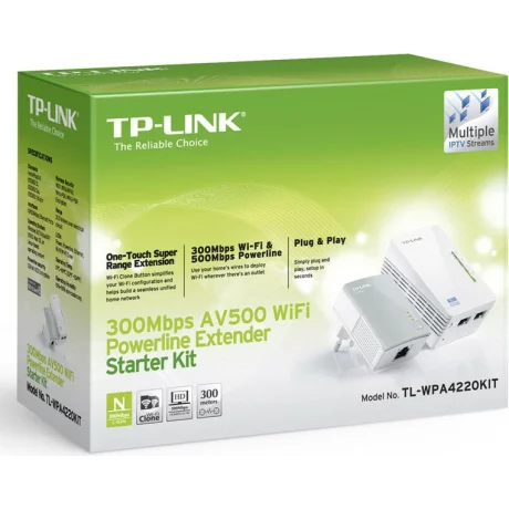 KIT ADAPTOR POWERLINE TP-LINK tehnologie AV,  AV500, pana la 100Mbps, 2 porturi 10/100Mbps, wireless 300Mbps, compus din TL-WPA4220 &amp;amp;amp; TL-PA4010 &quot;TL-WPA4220KIT&quot; (include timbru verde 1.5 lei)