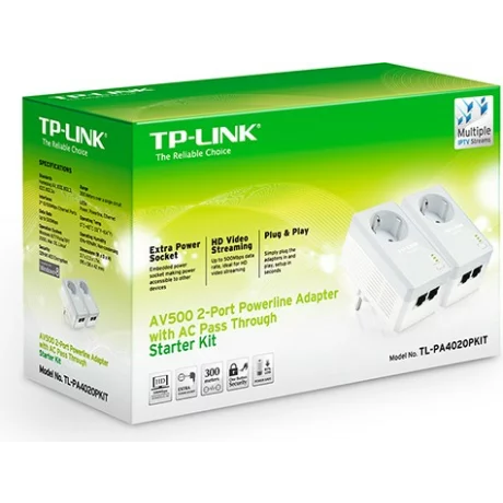KIT ADAPTOR POWERLINE TP-LINK tehnologie AV,  AV500, pana la 500Mbps, 2 porturi 10/100Mbps, priza AC, 2 buc. &quot;TL-PA4020PKIT&quot; (include timbru verde 1.5 lei)
