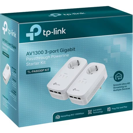 KIT ADAPTOR POWERLINE TP-LINK tehnologie AV2, AV1300, pana la 1300Mbps, 3 porturi Gigabit, priza AC, 2 buc. &quot;TL-PA8030PKIT&quot; (include timbru verde 1.5 lei)