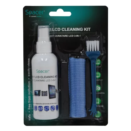 KIT curatare LCD 3-in-1 Spacer, solutie curatare 100ml, pensula, servetel microfibre, &quot;SP-CL-01&quot;