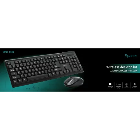 KIT wireless SPACER, tastatura wireless + mouse wireless, black, SPDS-1100