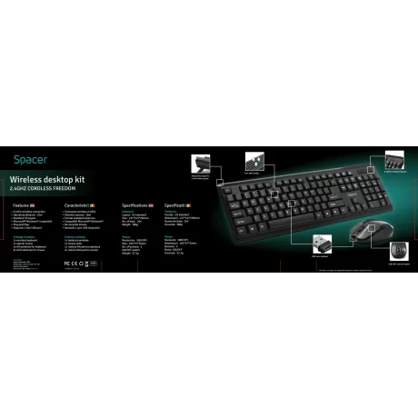 KIT wireless SPACER, tastatura wireless + mouse wireless, black, SPDS-1100