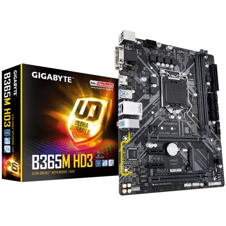 PLACA de BAZA GIGABYTE B365M HD3, skt LGA 1151, Intel B365, mATX, slot RAM 4 x DDR4, max 64 GB, 6x S-ATA 3, 1x M.2, 2x PCI-E, PCI-E3.0x16 x 1, PCI-E3.0x4 x 1, LAN 1000 Mbps, HDMI, DVI, VGA, 7.1, &quot;B365M HD3&quot;