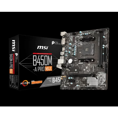 PLACA de BAZA MSI B450M-A PRO MAX, skt AM4, AMD B450, mATX, slot RAM 2 x DDR4, max 64 GB, 4x S-ATA 3, 1x M.2, 1x PCI-E, PCI-E3.0x16 x 1, LAN 1000 Mbps, HDMI, DVI, 7.1, &quot;B450M-A PRO MAX&quot;