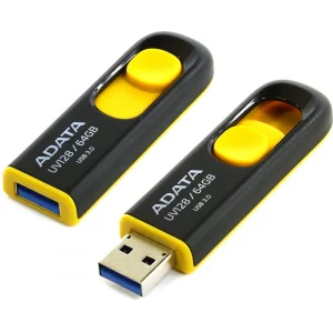 MEMORIE USB 3.2 ADATA 64 GB, retractabila, carcasa plastic, negru / galben, AUV128-64G-RBY