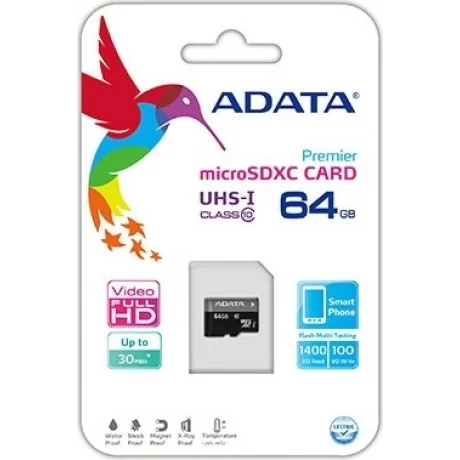 CARD MicroSD ADATA, 64 GB, MicroSDXC, clasa 10, standard UHS-I U1, &quot;AUSDX64GUICL10-RA1&quot;