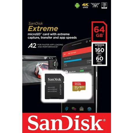 Card MicroSD SANDISK, 64 GB, microSDXC, clasa 10, standard UHS-I U3, SDSQXA2-064G-GN6MA