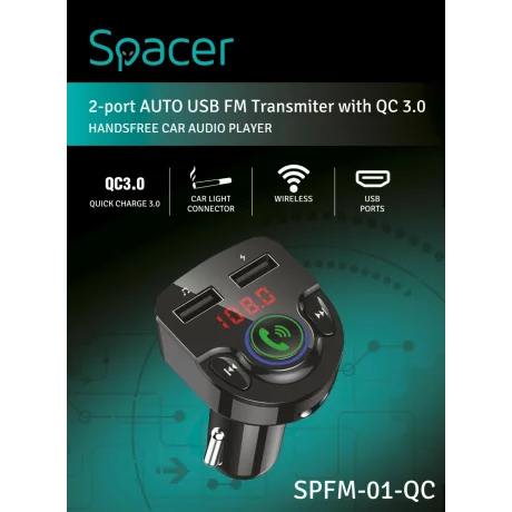 MODULATOR AUTO FM SPACER, Bluetooth 5.0. 1xUSB QC3.0 &amp;amp; 1xUSB max. 5V/3.1A, 12V-24V, max. 10-15m, mic max. 0-2m, format MP3/WMA, 206 canale 87.5-108Mhz, USB disk, microSD,  answer/reject/hang up/redial, black, &quot;SPFM-01-QC&quot;