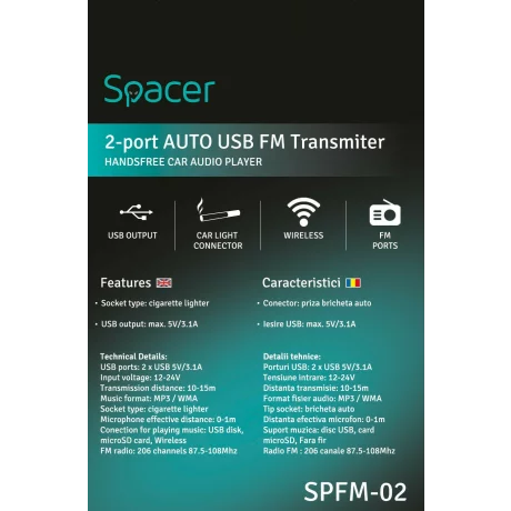 MODULATOR AUTO FM SPACER, Bluetooth 5.0, 2xUSB max. 5V/3.1A, 12V-24V, max. 10-15m, mic max. 0-1m, format MP3/WMA, 206 canale 87.5-108Mhz, USB disk, microSD,  answer/reject/hang up/redial, protectie circuit, black, &quot;SPFM-02&quot;