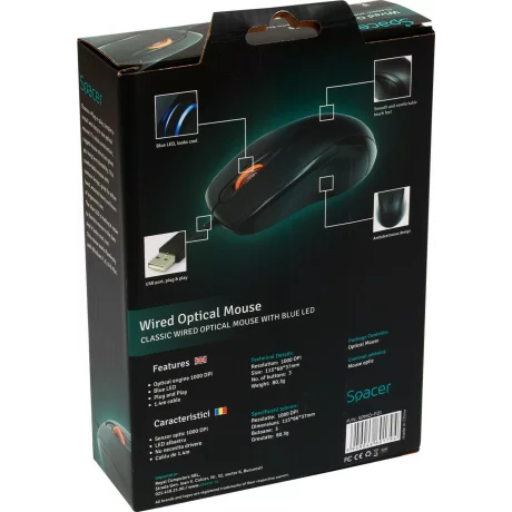 MOUSE  SPACER, cu fir, optic, USB, 1000 dpi, 3/1, negru, SPMO-F01
