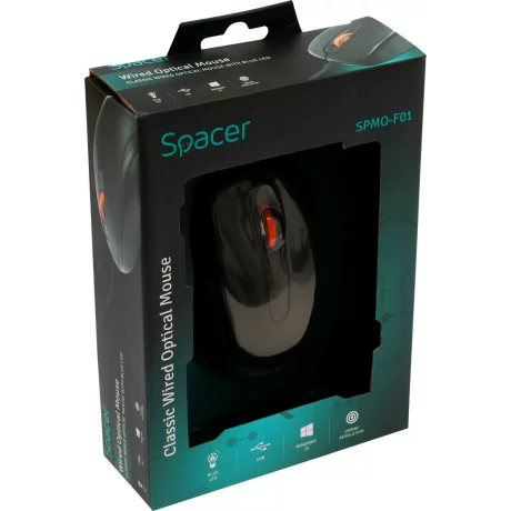 MOUSE  SPACER, cu fir, optic, USB, 1000 dpi, 3/1, negru, SPMO-F01