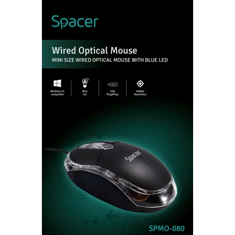 MOUSE  SPACER, cu fir, optic, USB, 800 dpi, 3/1, negru, SPMO-080