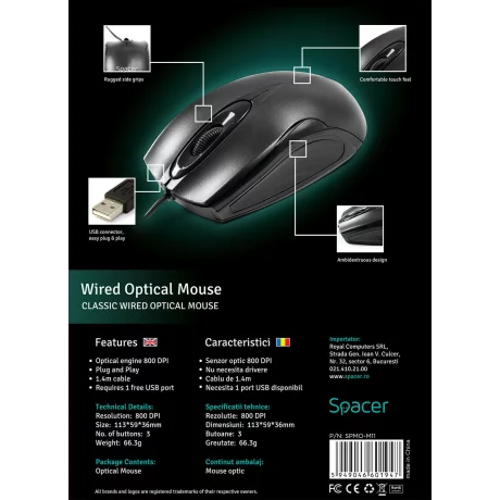 MOUSE  SPACER,  cu fir, optic, USB, 800 dpi, 3/1, negru, SPMO-M11