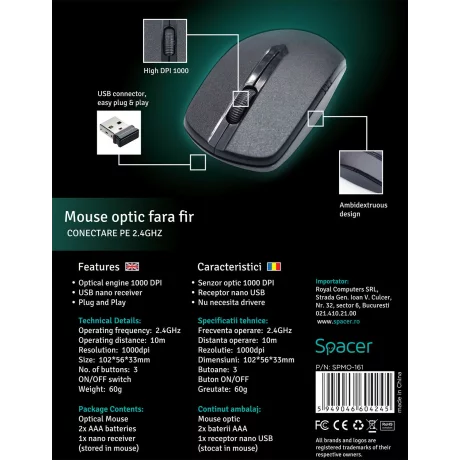 MOUSE  SPACER,  wireless, optic, Wireless, 1000 dpi, 3/1, negru, SPMO-161