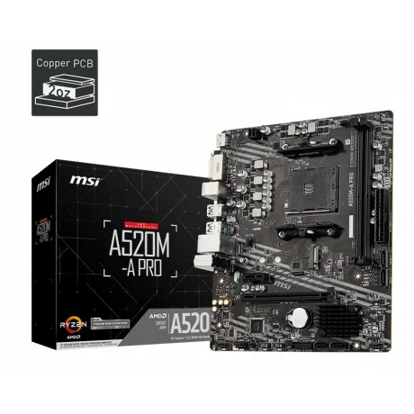 MSI Main Board Desktop A520M (AM4, 2xDDR4, 1xPCI-Ex16, 1xPCI-Ex1, M.2, 4xSATA3, 6xUSB3.2 Gen1, 6xUSB2.0, HD Audio, DVI-D, HDMI, GLAN) mATX Retail