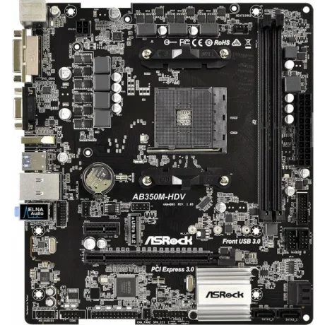 PLACA de BAZA Asrock AB350M-HDV, skt AM4, AMD B350, mATX, slot RAM 2 x DDR4, max 32 GB, 4x S-ATA 3, 1x M.2, 1x PCI-E, PCI-E3.0x16 x 1, LAN 1000 Mbps, HDMI, DVI, VGA, 7.1, &quot;AB350M-HDV&quot;