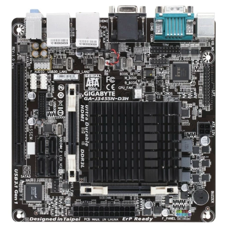 PLACA de BAZA GIGABYTE J3455N-D3H, skt CPU integrat, Intel, mini ITX, slot RAM 2 x DDR3, max 16 GB, 4x S-ATA 3, nux M.2, 1x PCI-E, LAN 1000 Mbps x 2, HDMI, VGA, 7.1, &quot;J3455N-D3H&quot;