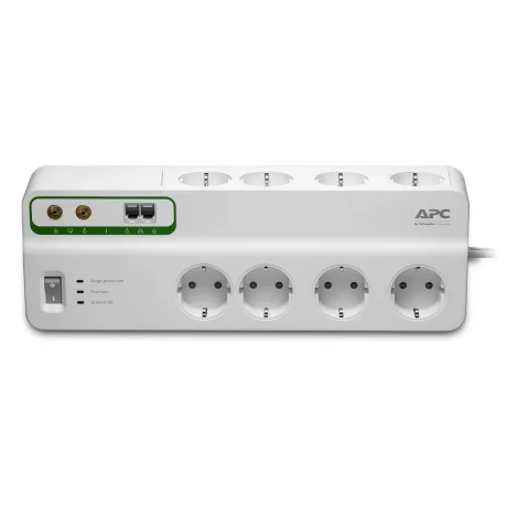 PRELUNGITOR APC, Schuko x 8, conectare prin Schuko (T), RJ-11 x 2, coaxial x 2, cablu 3 m, 10 A, protectie supratensiune, protectie telefon, protectie TV, alb, &quot;PMF83VT-GR&quot;
