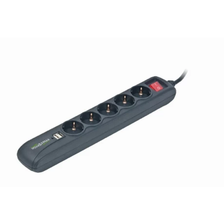 PRELUNGITOR GEMBIRD, Schuko x 5, conectare prin Schuko (T), USB x 2, cablu 1.5 m, 16 A, protectie copii, negru, &quot;SPG5-U2-5&quot;