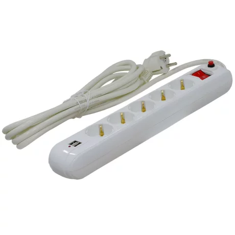 PRELUNGITOR SPACER, Schuko x 5, conectare prin Schuko (T), USB x 2, cablu 4.5 m, 16 A, protectie supratensiune, alb, PP-5-45 USB